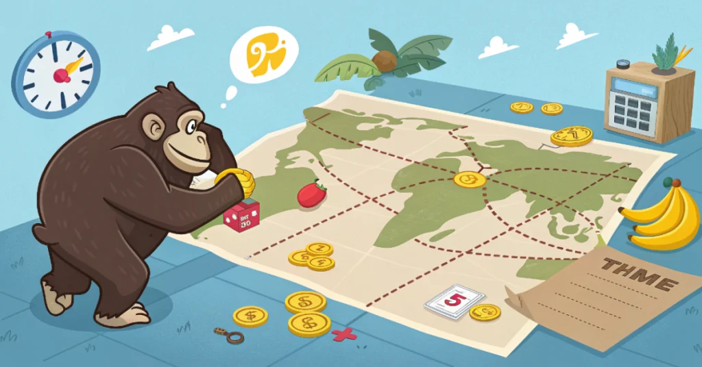 Cartoon gorilla places a gold coin into a red box on a world map surrounded by travel-themed objects.