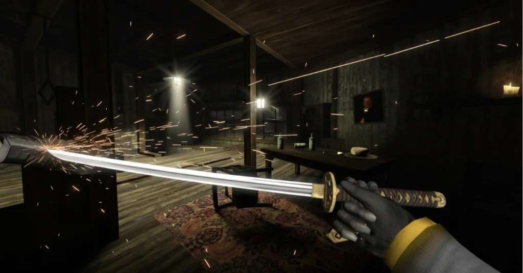 A katana clash sparks in a dim wooden room, evoking stealth and tension in Gloomwood