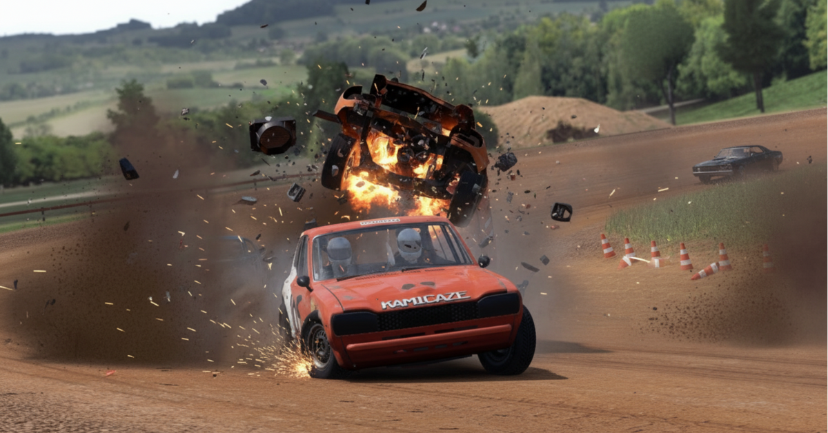 A red car labeled "KAMIKAZE" crashes into a flaming airborne vehicle on a dirt track in Wreckfest.