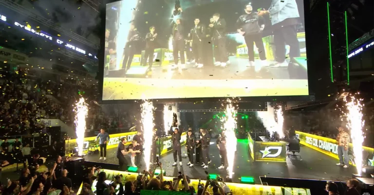 Optic Gaming celebrates on stage with trophy, pyrotechnics, and confetti at the 2025 CDL Championship.