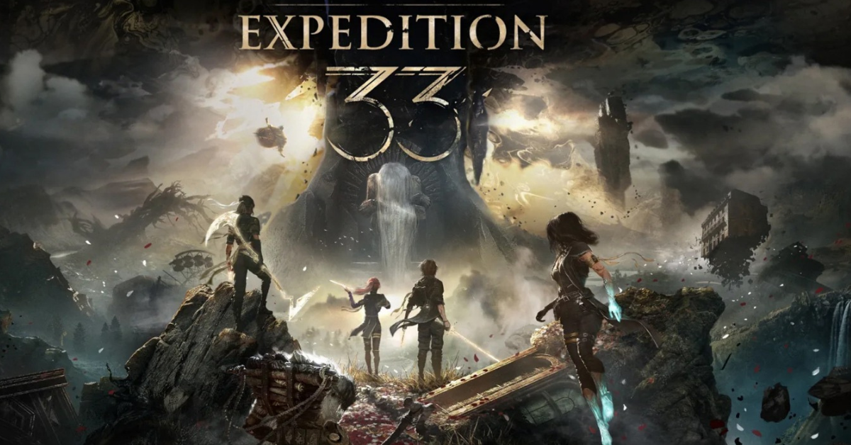 Five armed characters stand before a colossal figure in a dark, fantastical landscape under swirling clouds.