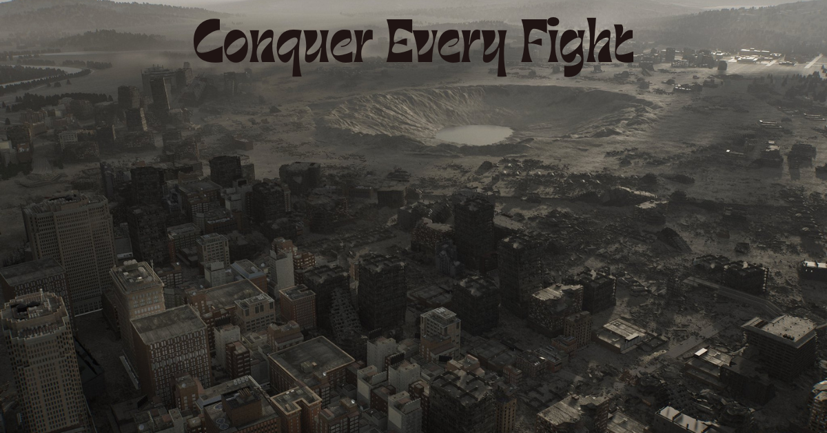 Post-apocalyptic city destroyed after a massive impact crater, dark survival horror atmosphere inspired by Resident Evil Requiem