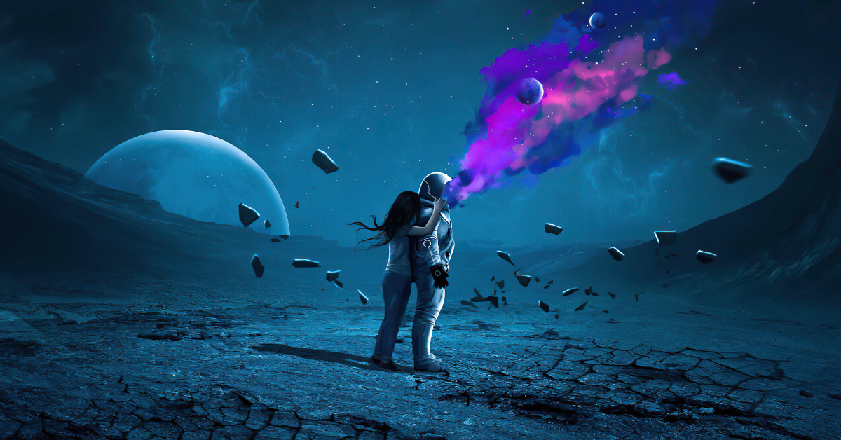 Two people embrace on a cracked lunar surface under a dark, star-filled sky. One wears an astronaut suit, releasing a stream of purple and pink cosmic smoke from the helmet. Planets and floating debris surround them, creating a surreal, poetic science-fiction atmosphere.