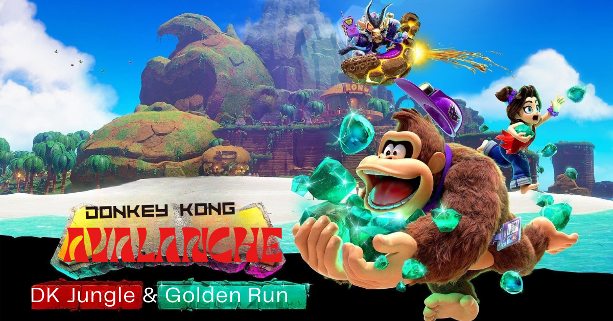 Donkey Kong joyfully holds glowing green gems on a tropical island while a villain attacks from above.