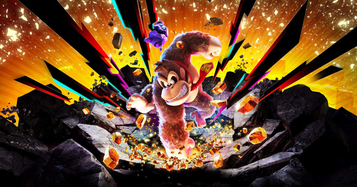 Donkey Kong smashes through rocks with explosive force as Diddy Kong leaps above in a vibrant burst.