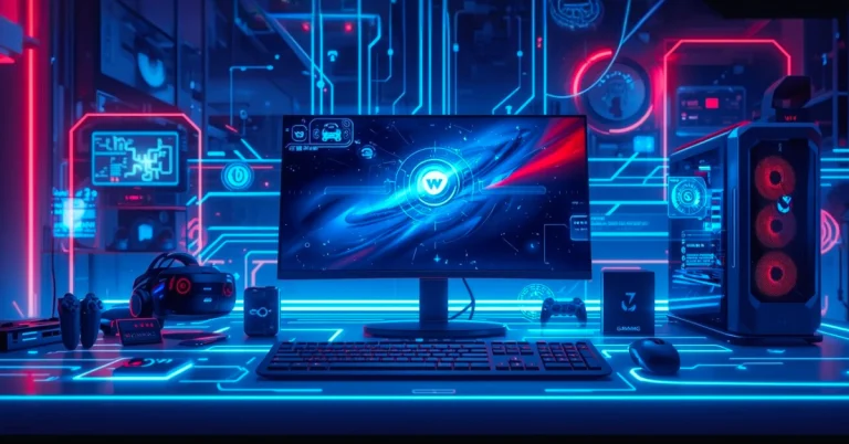 Futuristic gaming setup in 2025 featuring a PC gaming rig, VR headset, gaming peripherals, and a high-tech digital environment representing next-generation gaming hardware.