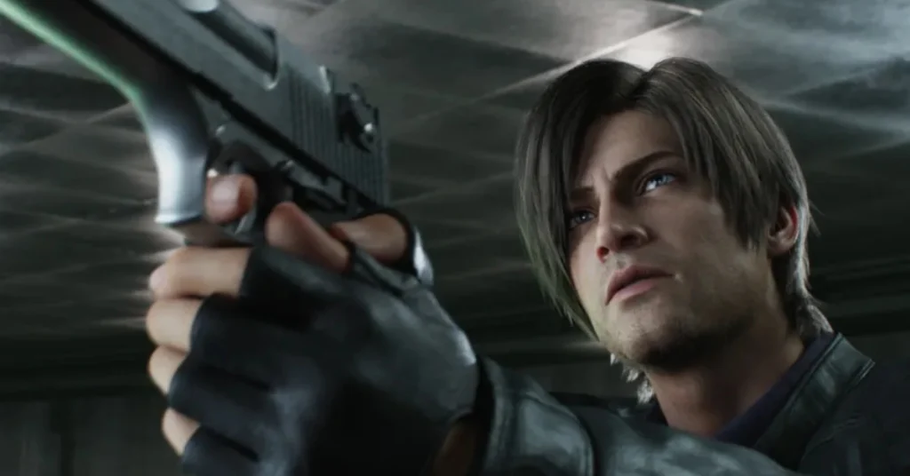 ## 🖼️ Alt Text**Leon S. Kennedy aiming a handgun in an intense action scene from Resident Evil Requiem, highlighting survival combat, tension, and tactical gunplay.**

