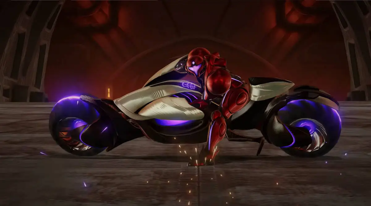 Samus Aran crouches beside her futuristic hoverbike inside a dark sci-fi chamber, her red power suit glowing with purple energy highlights in Metroid Prime 4: Beyond