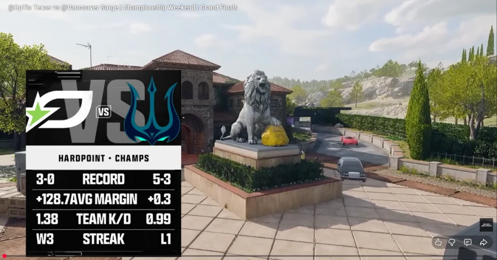 Screenshot from Call of Duty showing OpTic Texas vs Vancouver Surge stats during Championship Weekend Grand Finals.