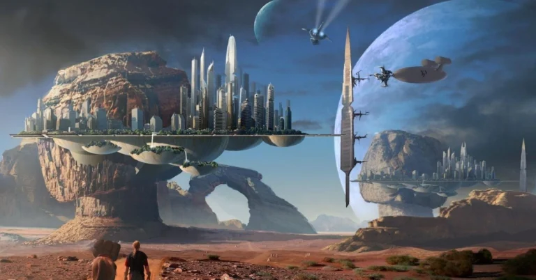 Futuristic floating city in an alien desert world with advanced spacecraft, representing exploration and narrative progression in a sci-fi RPG