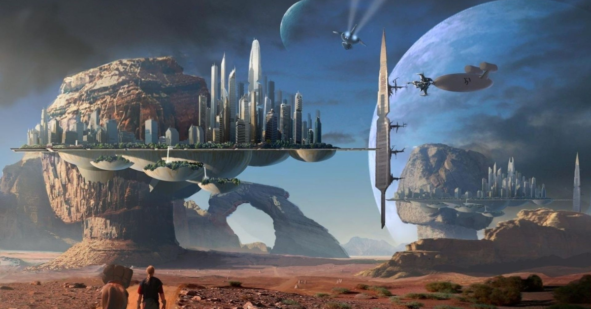 Futuristic floating city in an alien desert world with advanced spacecraft, representing exploration and narrative progression in a sci-fi RPG