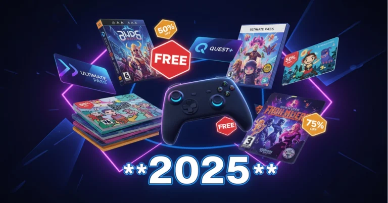 Promotional image featuring game controllers, discount tags, and subscription cards with neon 2025 visuals.