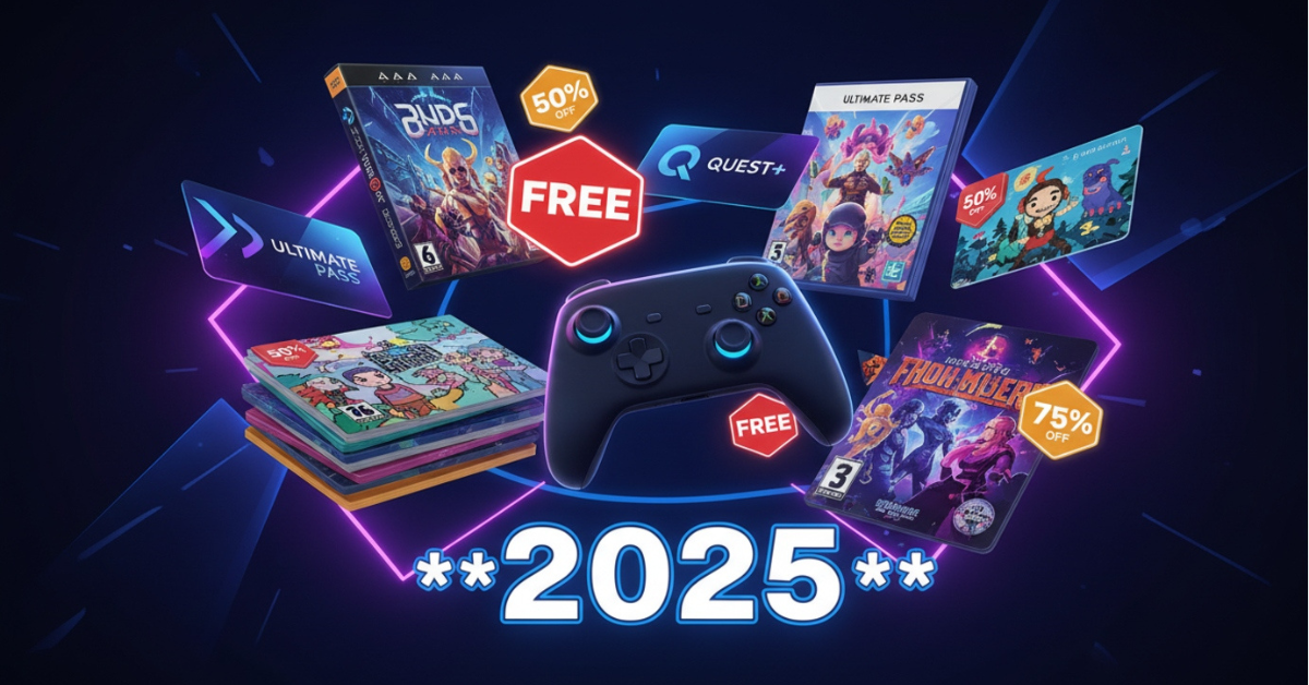 Promotional image featuring game controllers, discount tags, and subscription cards with neon 2025 visuals.
