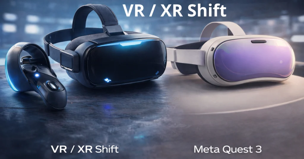 Gaming hardware shift with VR and XR headsets on a table