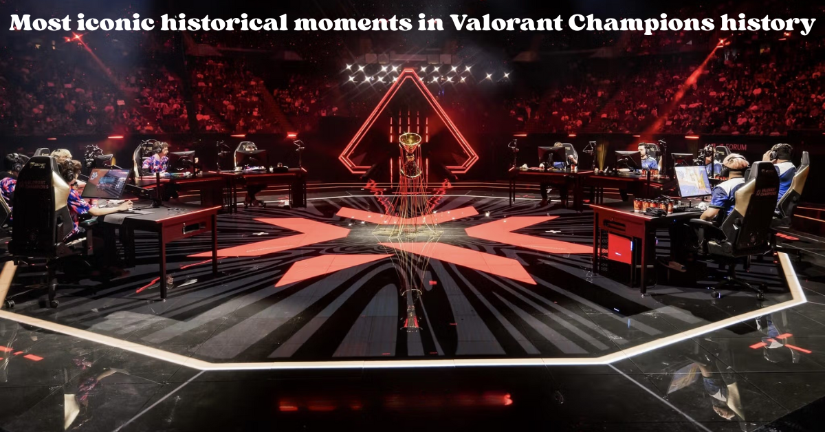 Valorant Champions tournament stage with two teams facing off, central trophy, and vibrant lighting.