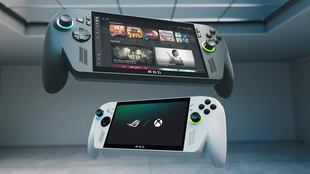 Windows-based gaming handheld showing the desktop interface and multiple game launchers.