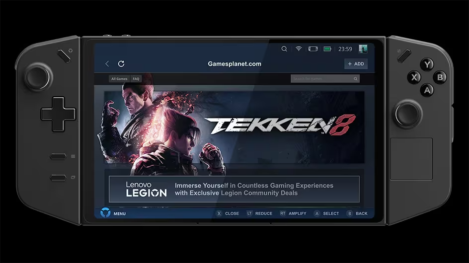 PC gaming handheld showing Tekken 8 and a game storefront