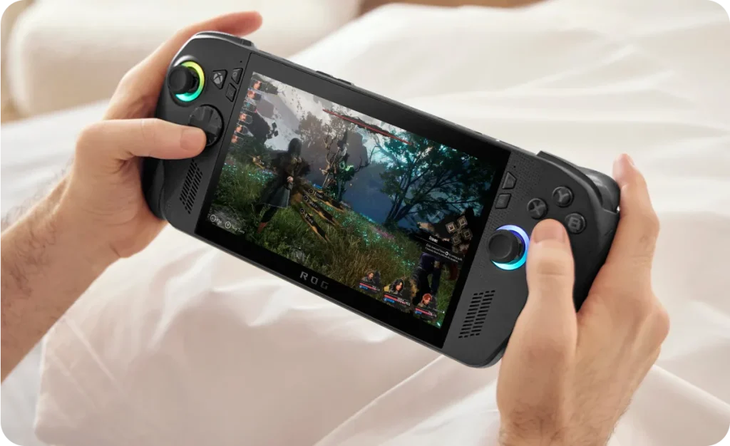 Person playing an open-world RPG on a PC gaming handheld