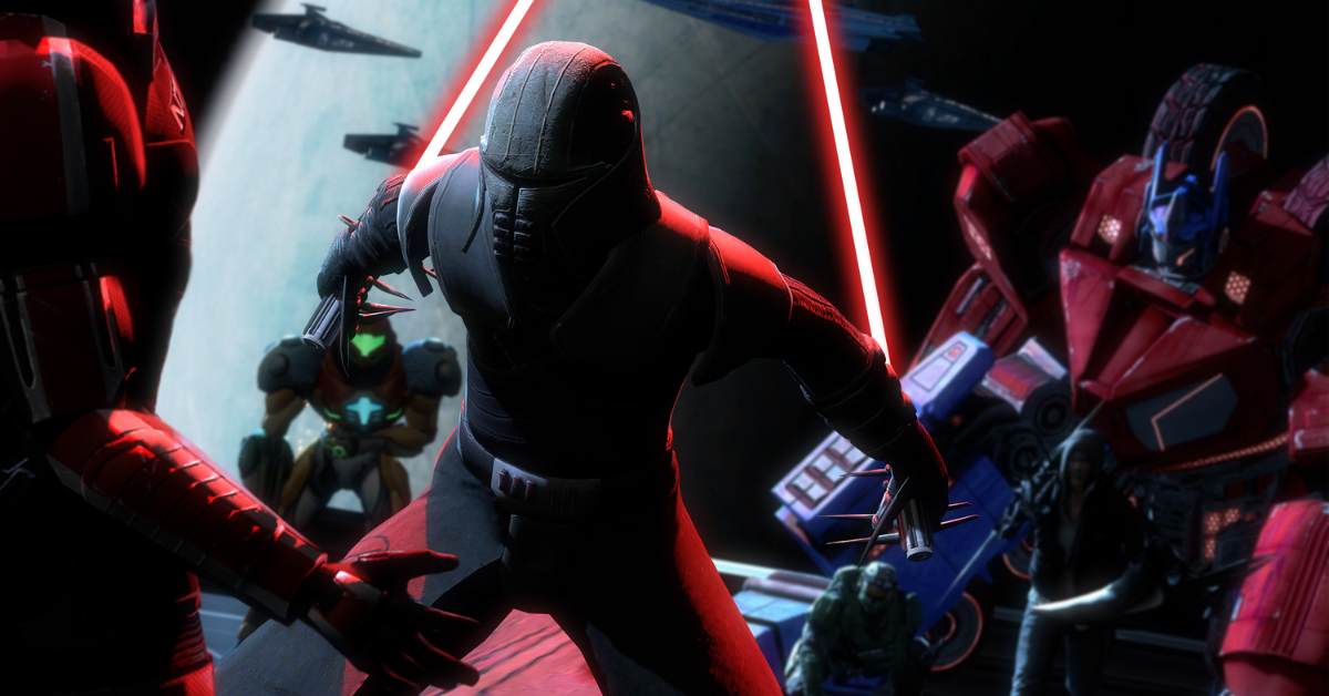 A masked enemy lunges forward in a dramatic sci-fi battle scene, surrounded by red laser beams and armored soldiers, with Samus Aran visible in the background preparing for combat.