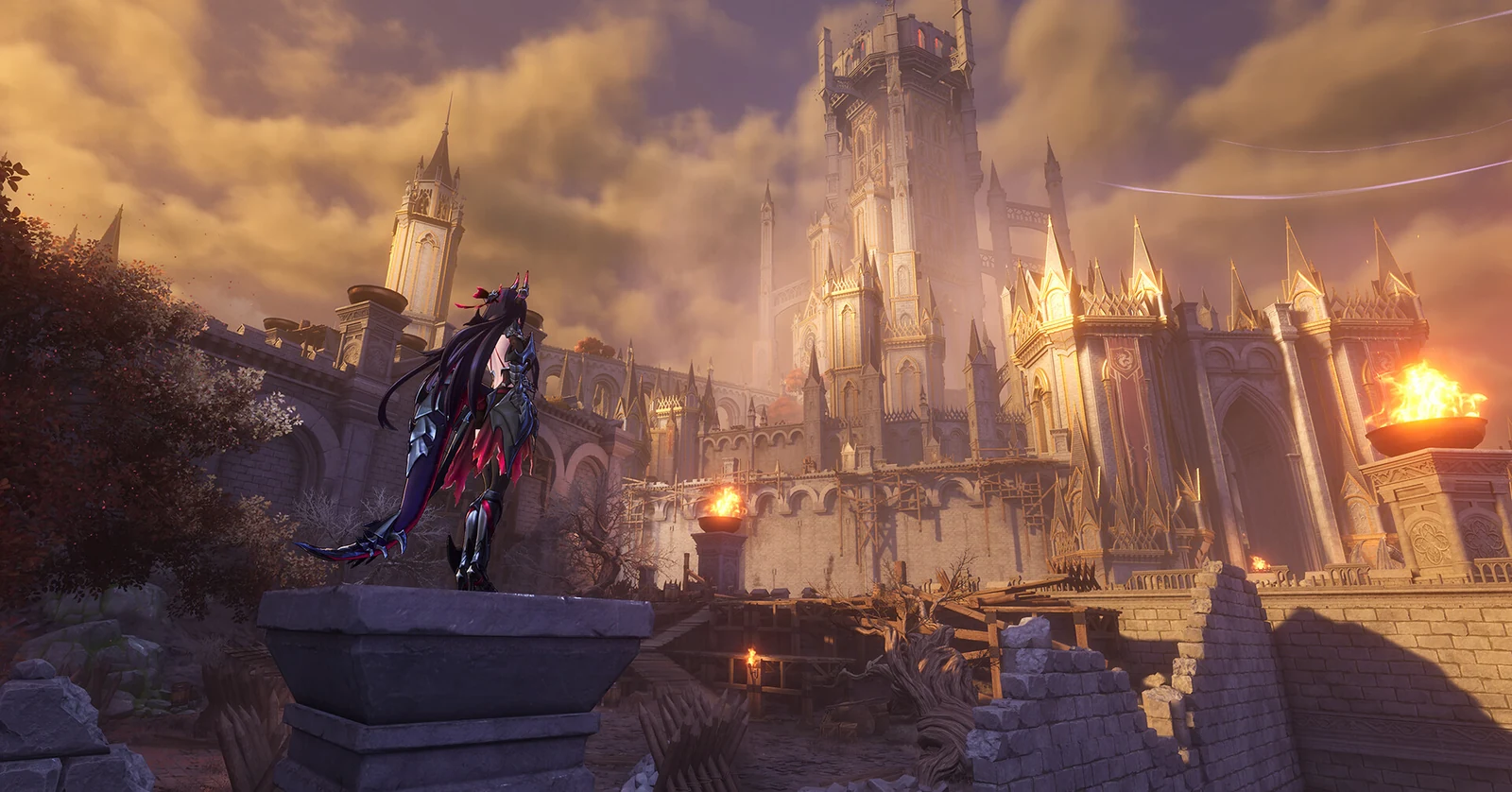 Neverness to Everness character standing on a stone platform overlooking a gothic city at sunset