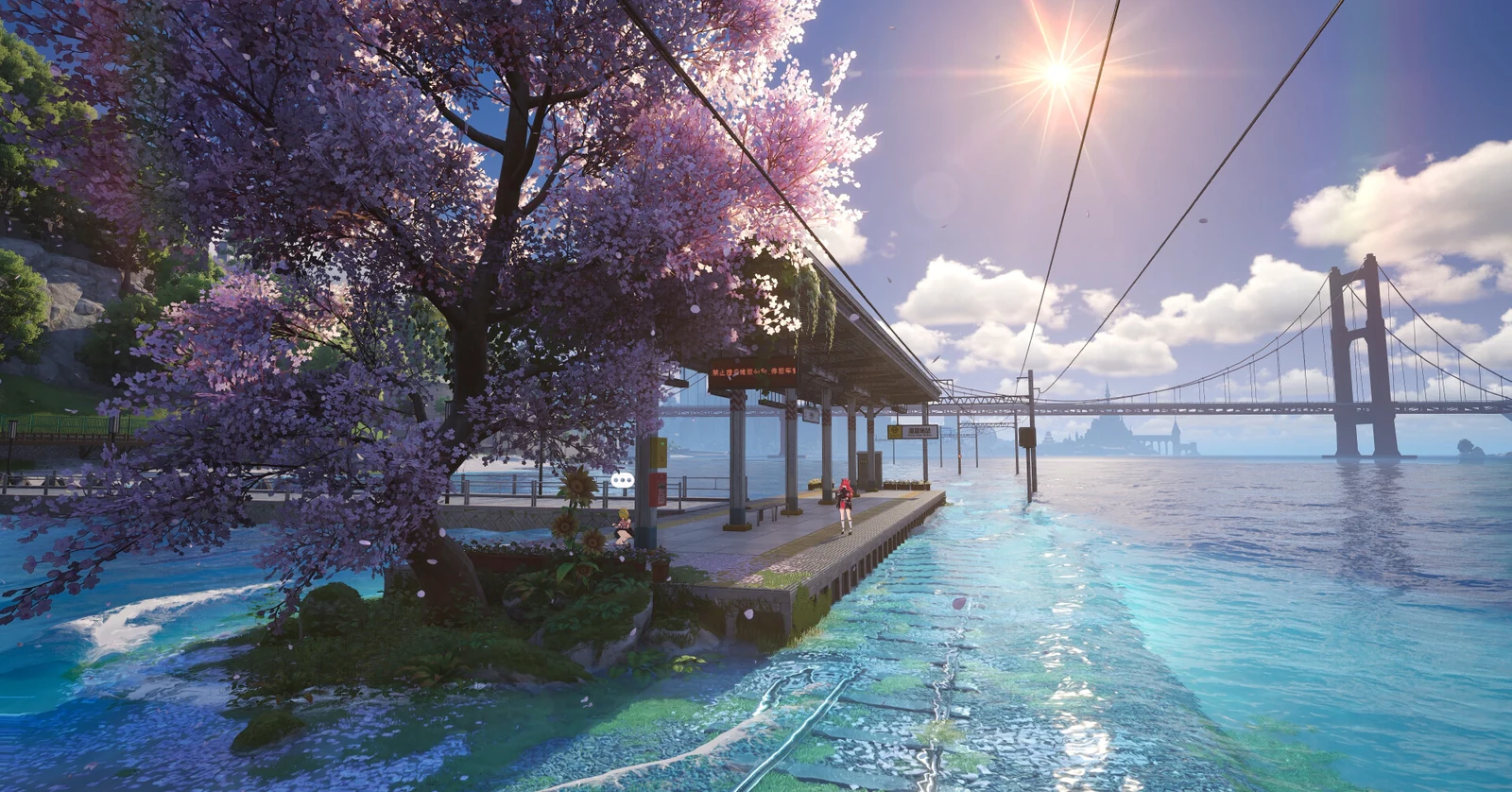 Neverness to Everness character at a flooded coastal train station beneath cherry blossoms and a suspension bridge