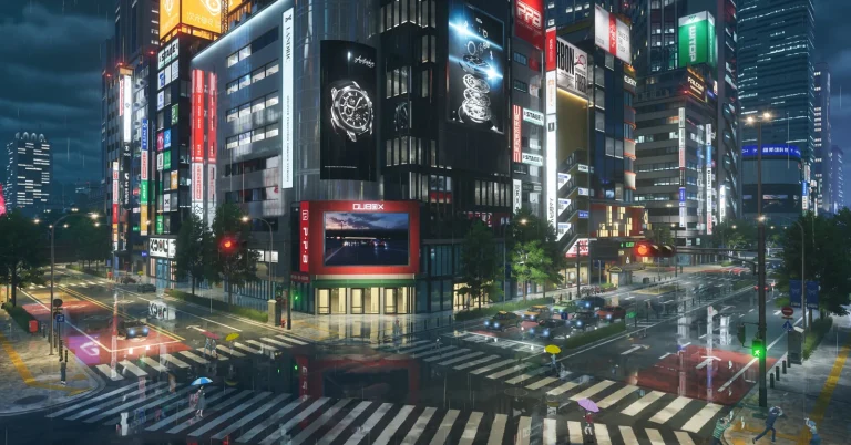 Neverness to Everness Hethereau city intersection at night